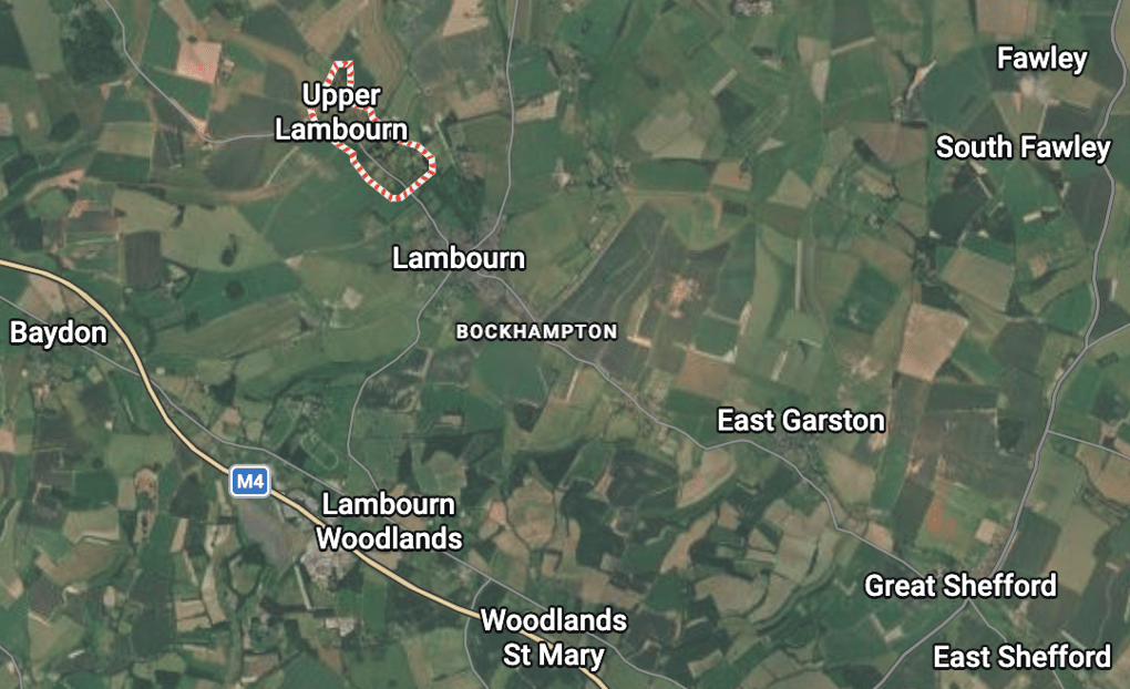 Map highlighting Upper Lambourn and surrounding areas, including key locations like the M4 and Lambourn Woodlands.