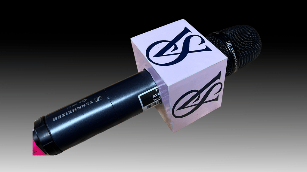 Sennheiser wireless microphone with AVE Services branding, ideal for conferences and live events.