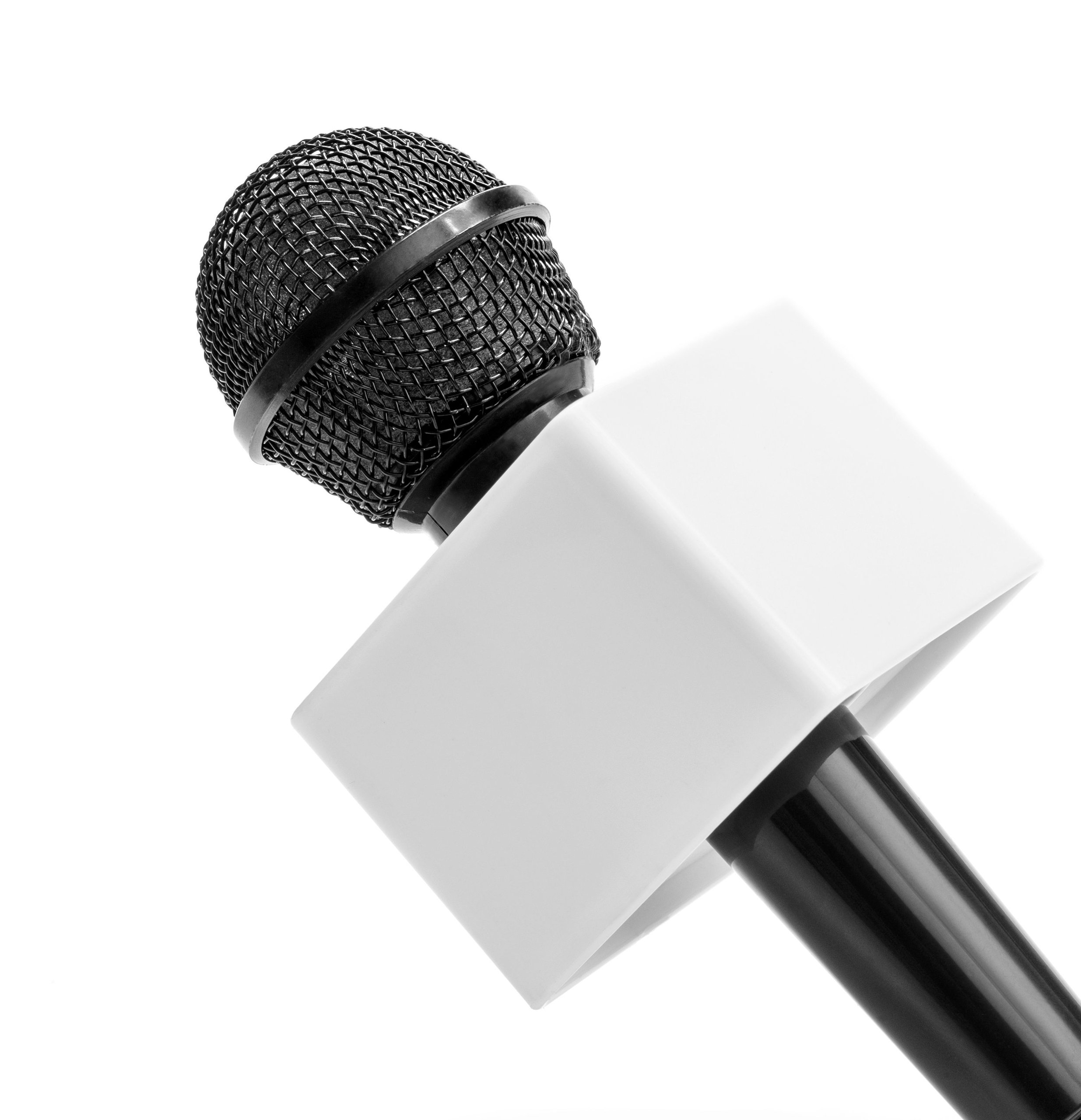 Black handheld microphone with windscreen and a white mic flag, ideal for corporate conferences or live event interviews.