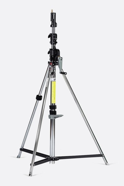 Tripod lighting stand with adjustable height, featuring a robust metal frame for event staging and AV equipment support.