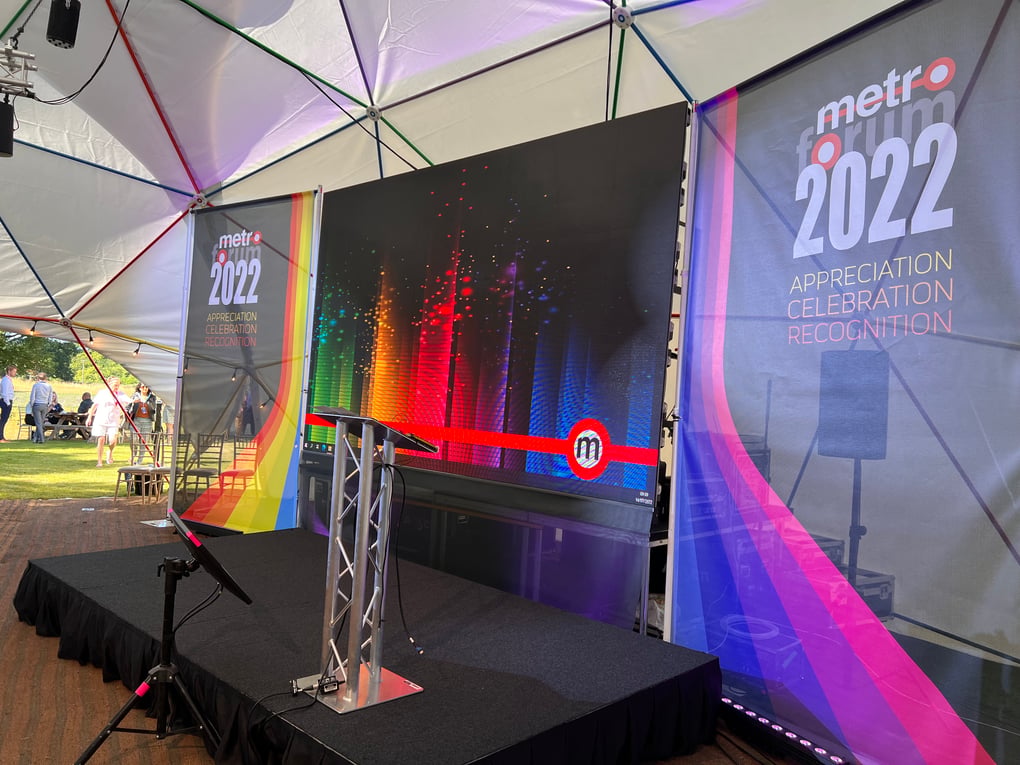 Stage setup with podium, LED screen, and event banners at Metro Forum 2022 under a marquee for a corporate event.