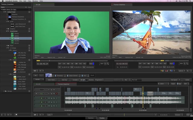 Video editing software interface displaying green screen compositing and tropical beach scene.