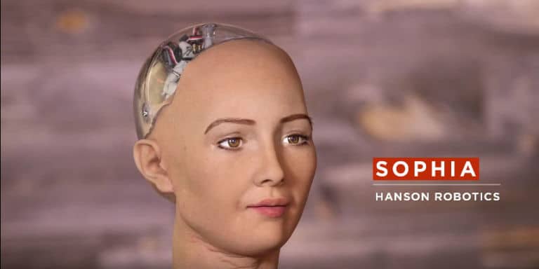 A humanoid robot with visible circuitry on display, suitable for technology-focused events or robotics conferences.