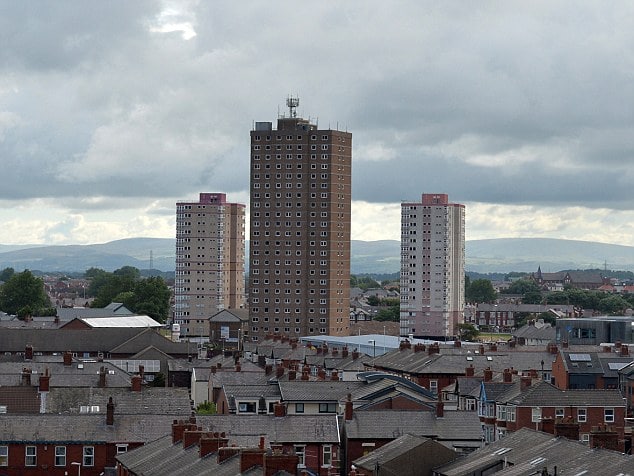 Urban skyline with three tower blocks under a cloudy sky, surrounded by residential rooftops and distant hills.