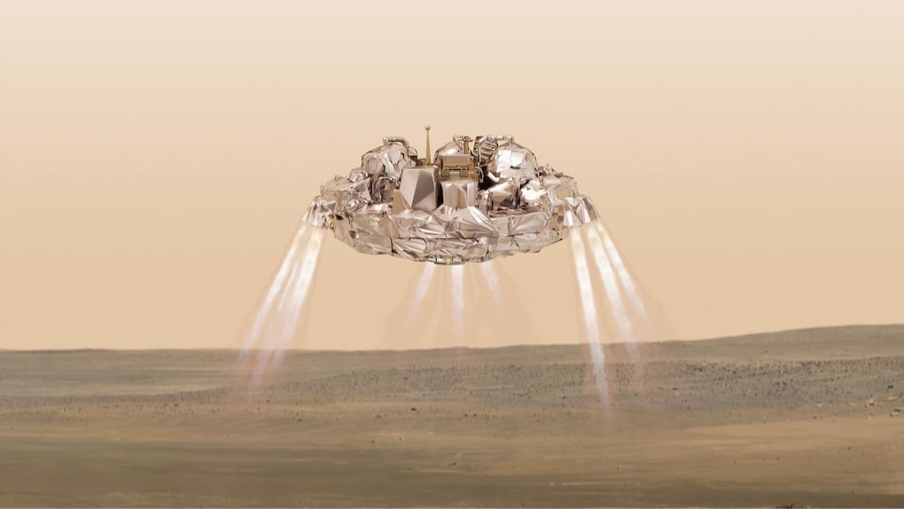A futuristic spacecraft hovers above a barren landscape, showcasing advanced propulsion technology.