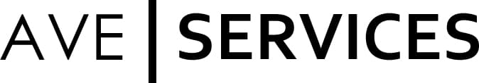 AVE Services logo with bold, black text separated by a vertical line, representing event production and AV hire expertise.