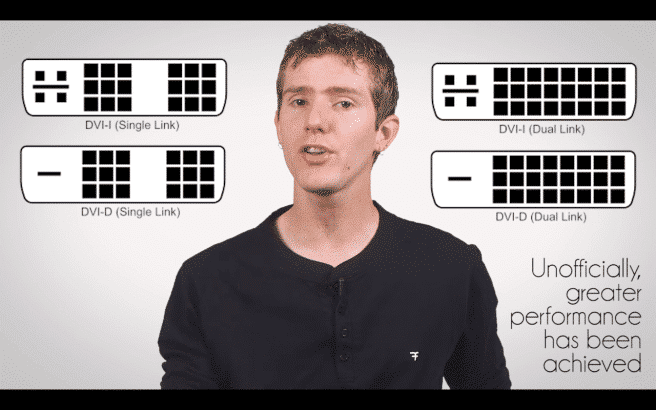 A person discussing DVI connector types, highlighting DVI-I and DVI-D variations in single and dual link formats.