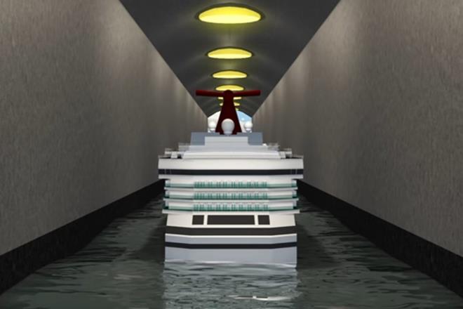 Cruise ship navigating through a modern, well-lit canal tunnel, showcasing intricate indoor lighting design and industrial engineering.