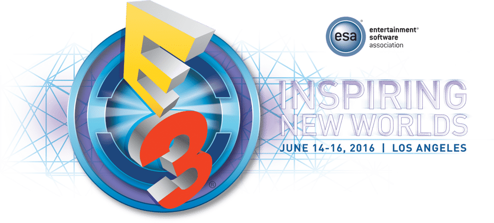 E3 logo with Inspiring New Worlds text for event in Los Angeles, June 2016, organized by Entertainment Software Association.