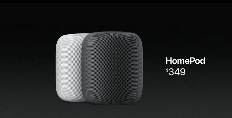 Two smart speakers, black and white, with mesh design. Text highlighting the product name and price.