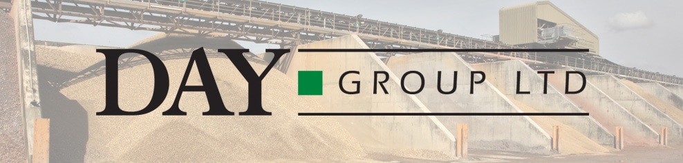 Logo for Day Group Ltd overlaying an industrial site with conveyor belts and gravel piles.