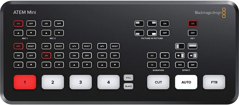 Video production switcher with multiple input buttons and audio controls for live event streaming setups.