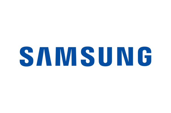 Samsung logo in bold blue lettering on a clear background.