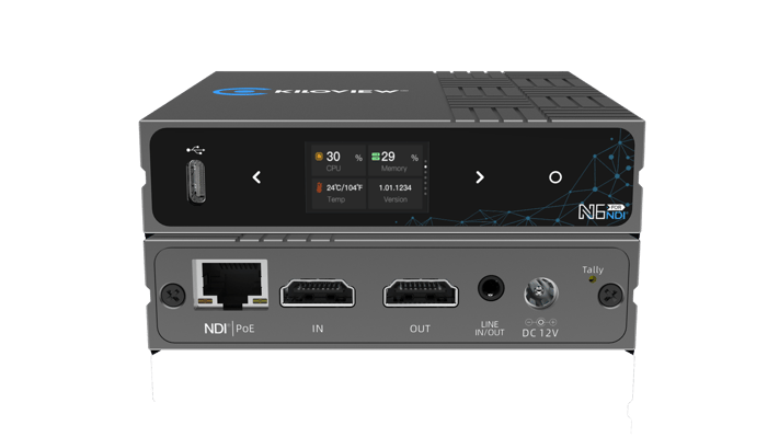 Kiloview NDI encoder with ports for HDMI input/output, Ethernet, and USB connections, suitable for live event streaming.