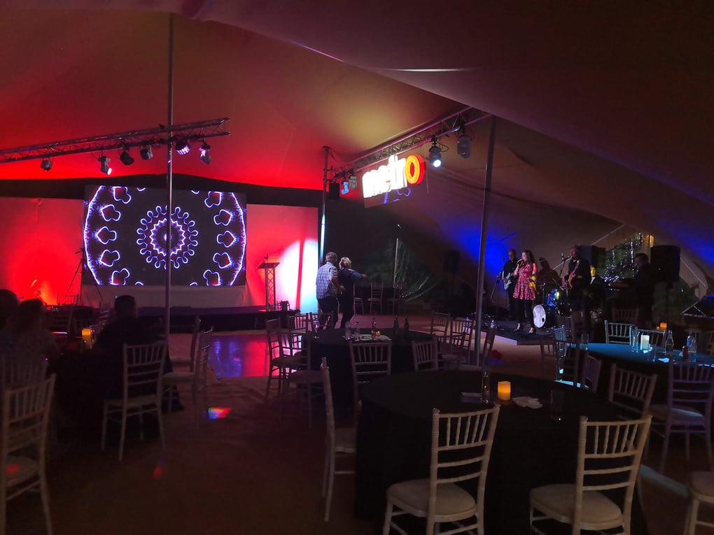 Band performing on stage under colorful stage lighting with a large, vibrant LED backdrop at an event, featuring round tables and chairs.