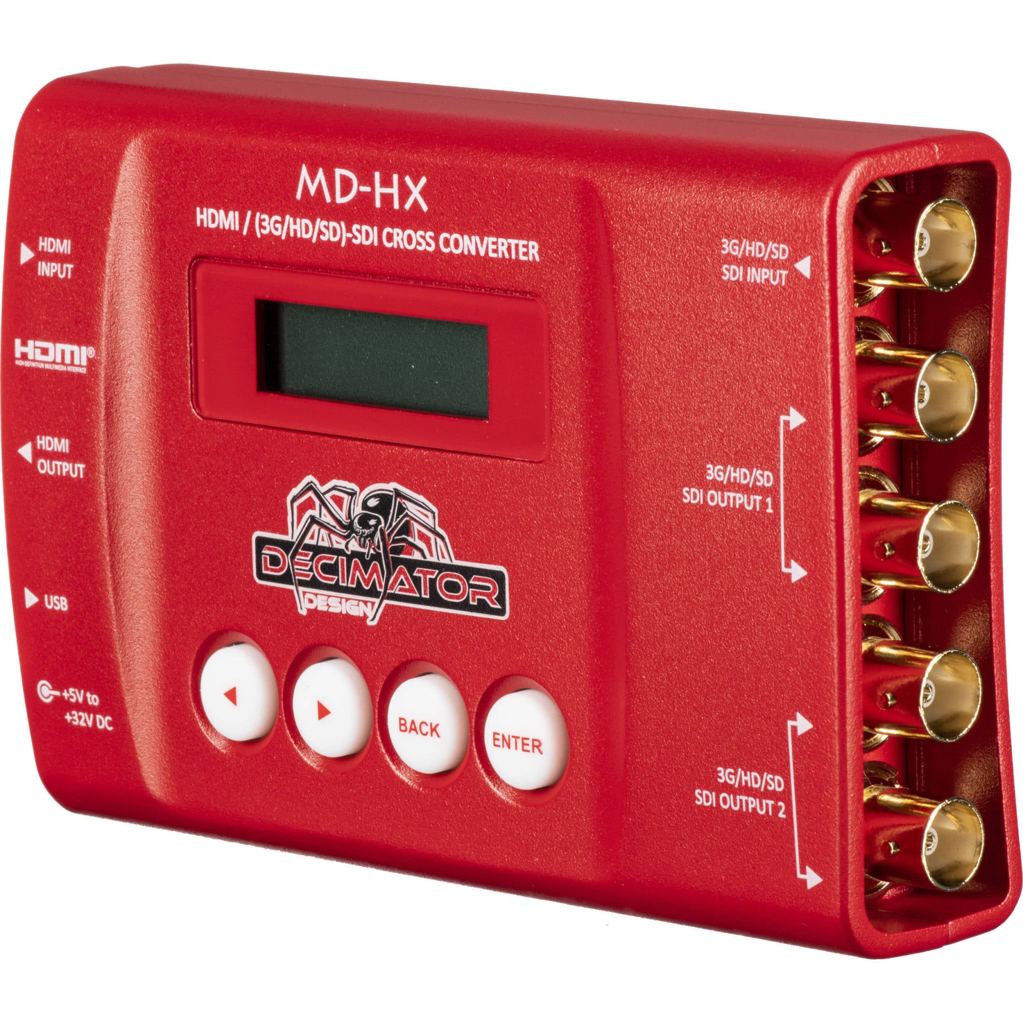 Red HDMI/SDI cross converter with input, output ports, and control buttons, essential for event video production setups.