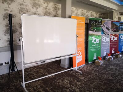Whiteboard setup for a corporate event with colorful presentation banners highlighting different decades of driving change.