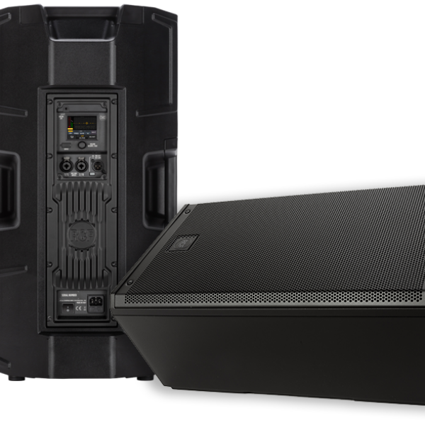 Black stage monitor and speaker with control panel and input connections for professional audio setups.