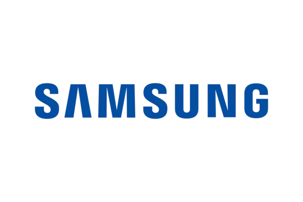 Samsung logo in bold blue lettering on a clear background.