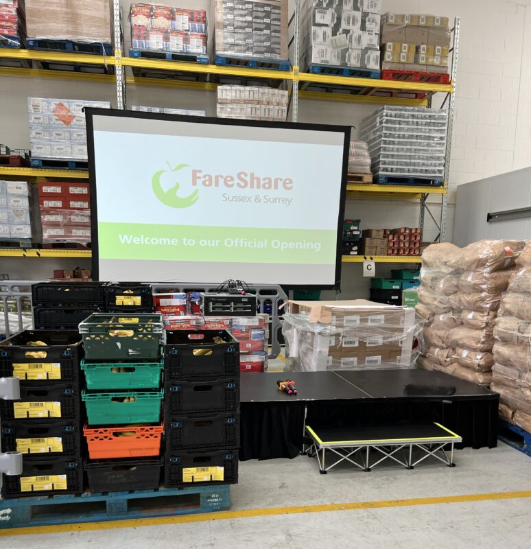 fareshare sussex & surrey, AVE Services, Guildford, PA System, Wireless microphones, Lectern, Staging, 50" screen, Setup, Equipment AV, AV, Audio and Visual, Berkshire, Hampshire, Oxfordshire, Screens, Projector, Projection, Handheld microphone