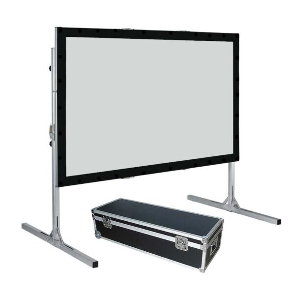Projection screen with a sturdy frame and a hard case, suitable for conference presentations and AV hire.