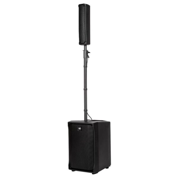 Compact black PA speaker system with tall column and subwoofer, ideal for live events and sound reinforcement.