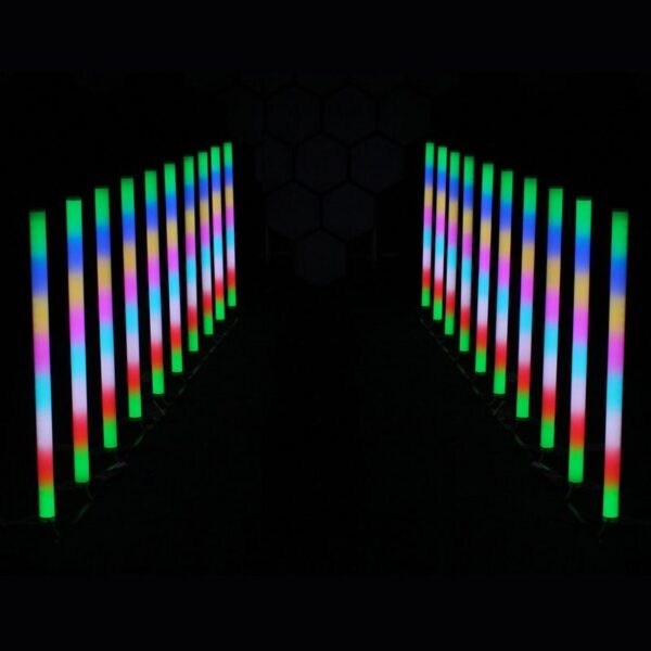 Glowing multicolored LED pillars form a vibrant pathway, ideal for event entrances or stage designs in corporate or entertainment settings.