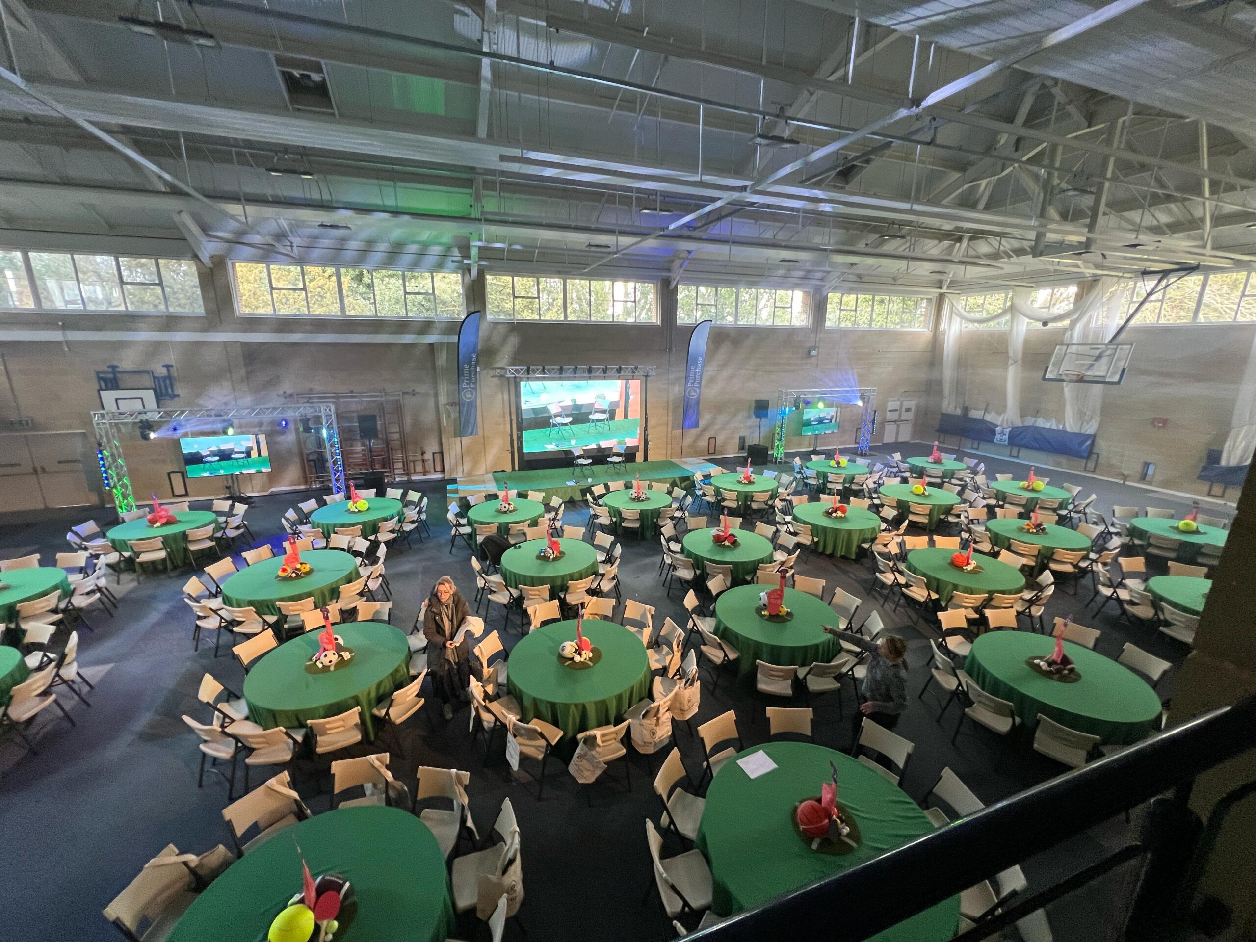 Video wall, Cheam, Berkshire, Private school, Awards, event, large event, speakers, lighting, equipment hire, av, audio visual, AVE Services, 85" screens, relays, live event, conference, sports hall, PA system, wireless microphones, moving heads