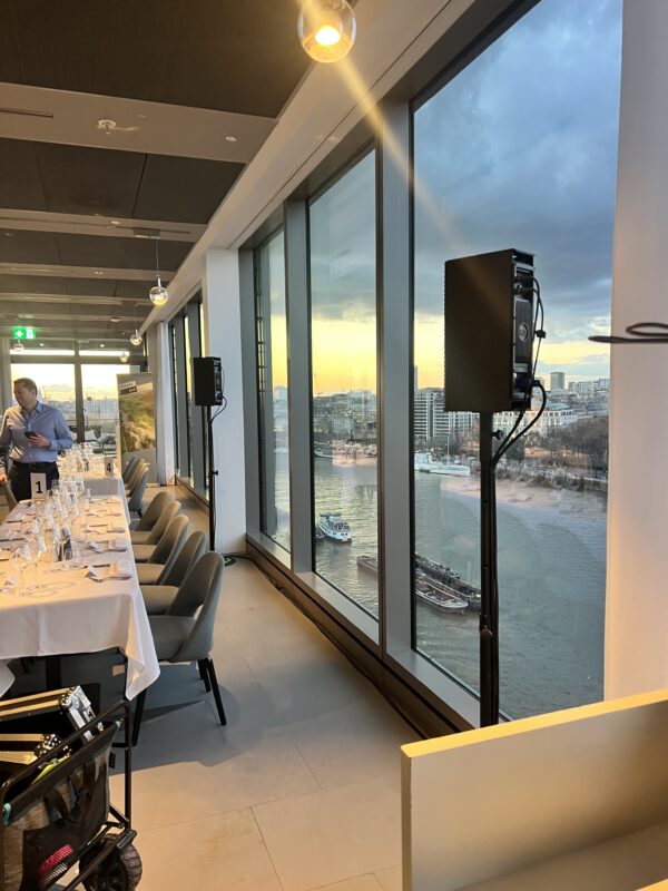 Speakers next to a high up view of London Bankside