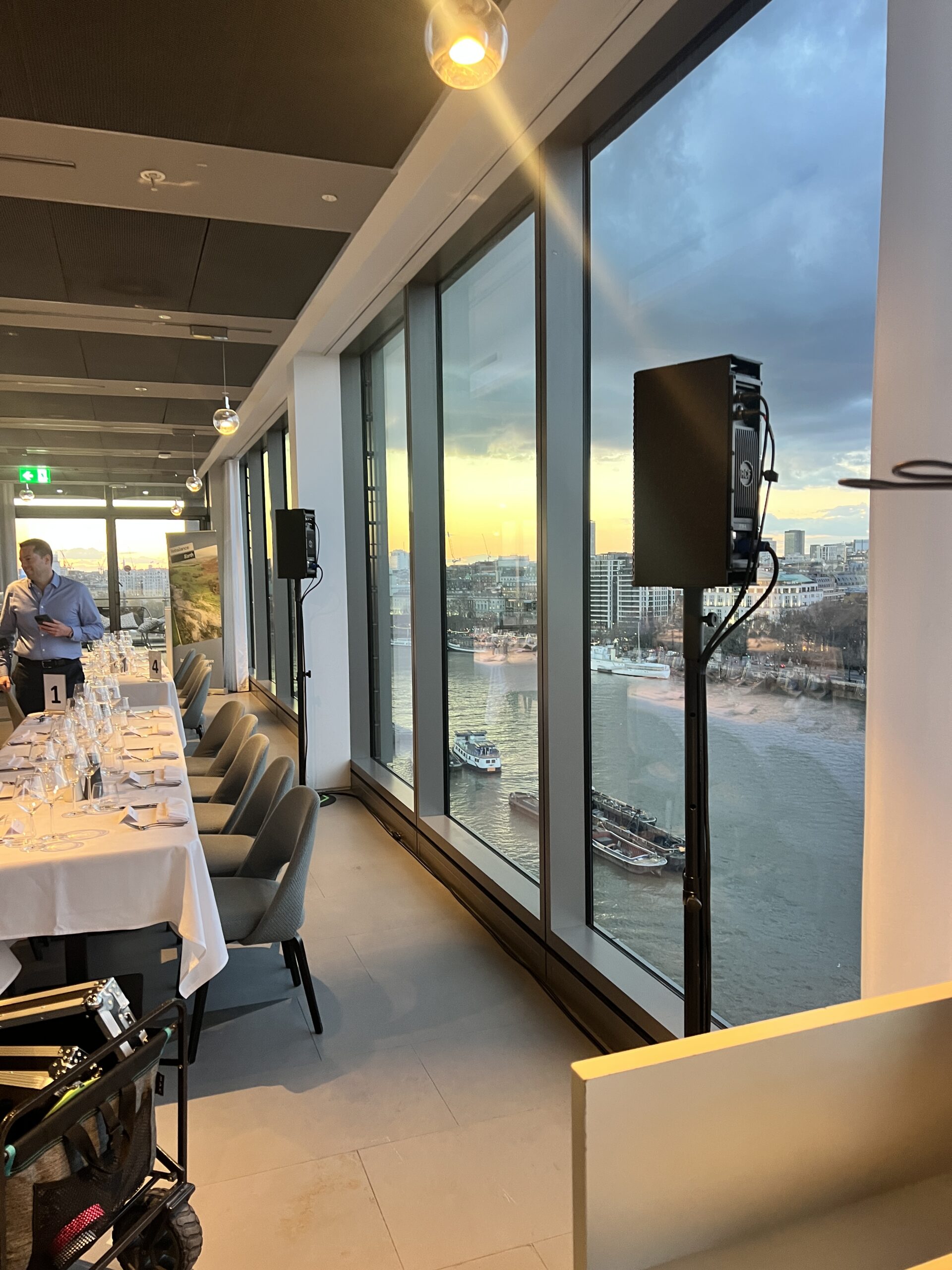 Speakers next to a high up view of London Bankside