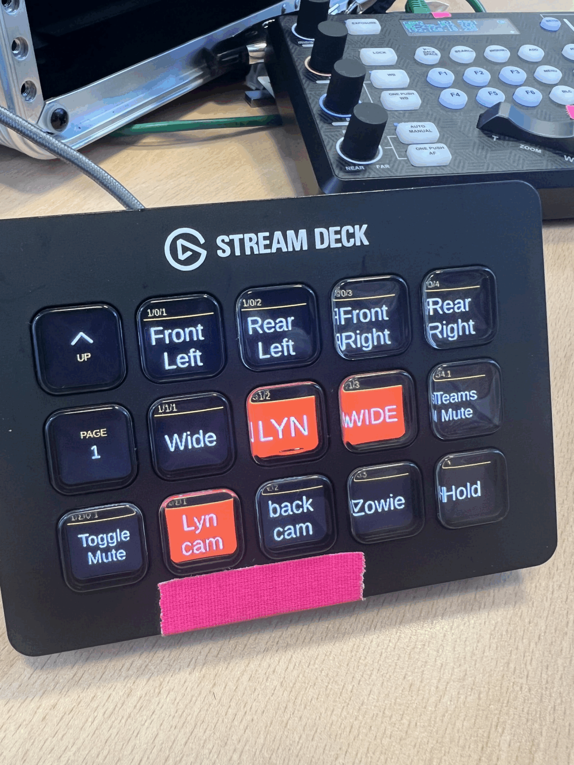 Stream deck with customizable buttons for managing audiovisual setups, including camera angles and mute controls at an event.