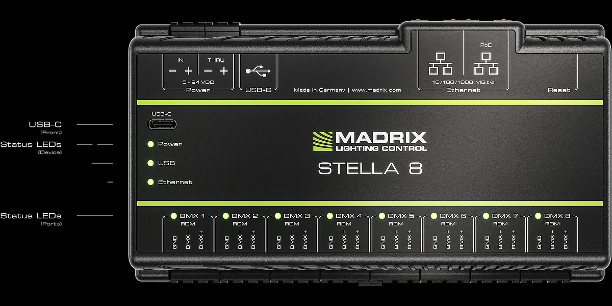 MADRIX Stella 8 lighting control device with USB-C and Ethernet ports, used in event production for dynamic lighting setups.