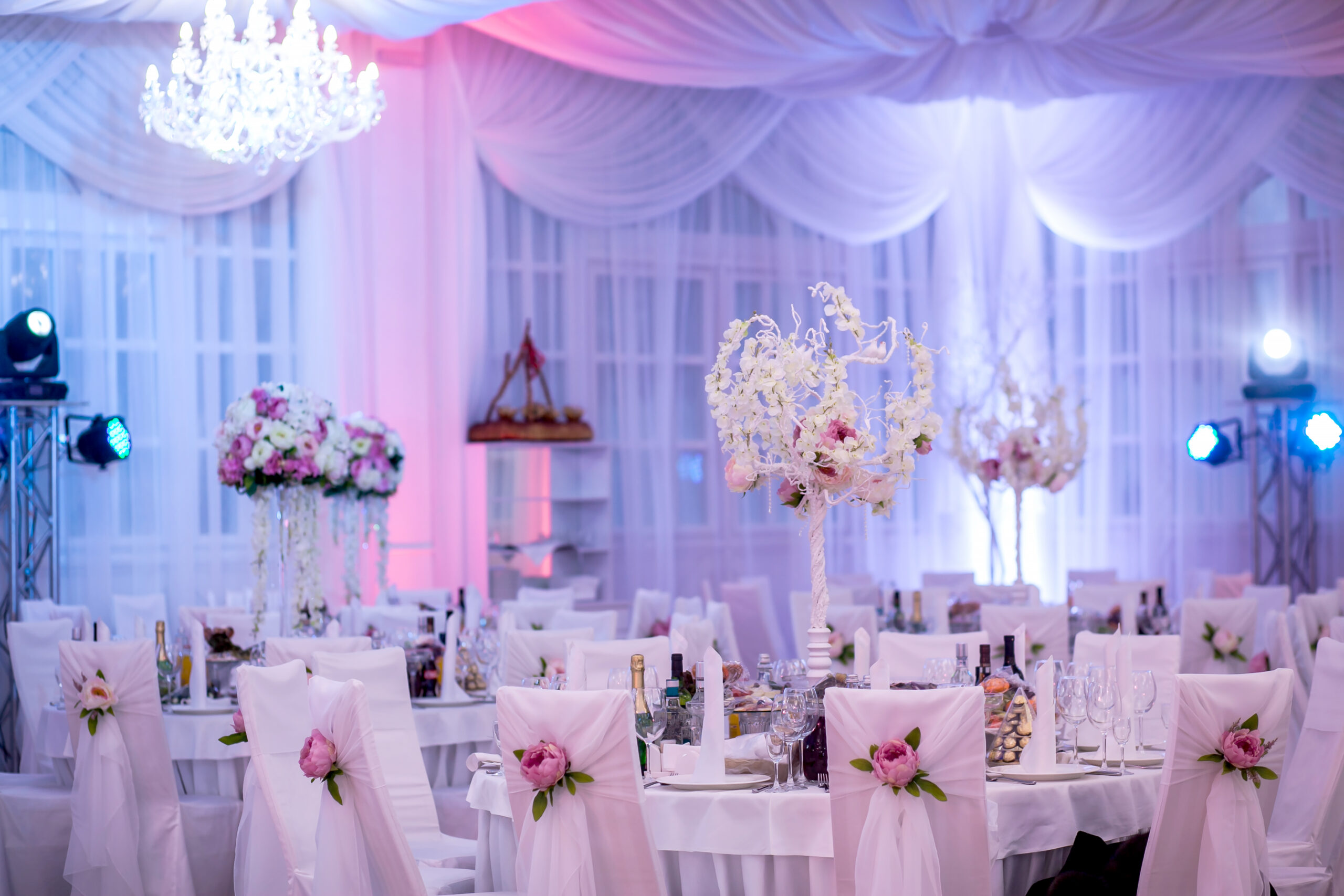 Elegant wedding setup with draped ceiling, floral centerpieces, and ambient lighting. Tables feature detailed place settings.
