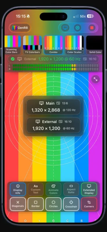 Smartphone displaying a color calibration tool with multicolored bars, resolution settings, and display options. Ideal for AV setup.